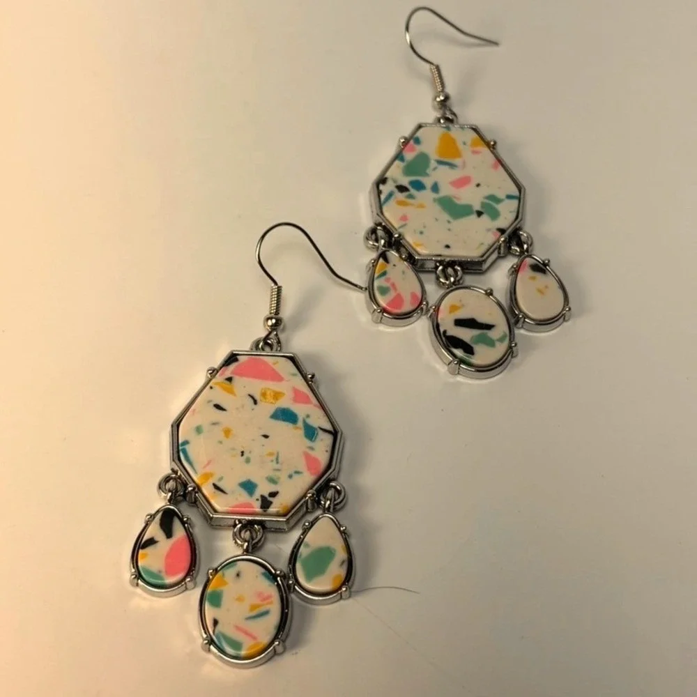 Earring Set Mauve Pink Tassel and Terrazzo Print Geometric‎ Drop Earrings